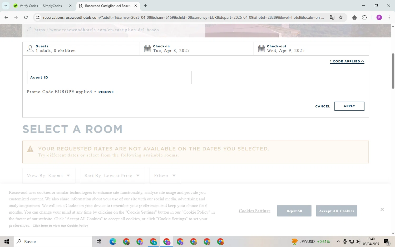 Rosewood Hotels and Resorts promo code screenshot showing code EUROPE applied at Rosewood Hotels and Resorts checkout page. Uploaded by SimplyCodes community member CleverSpotter6431 on Apr 8, 2025
