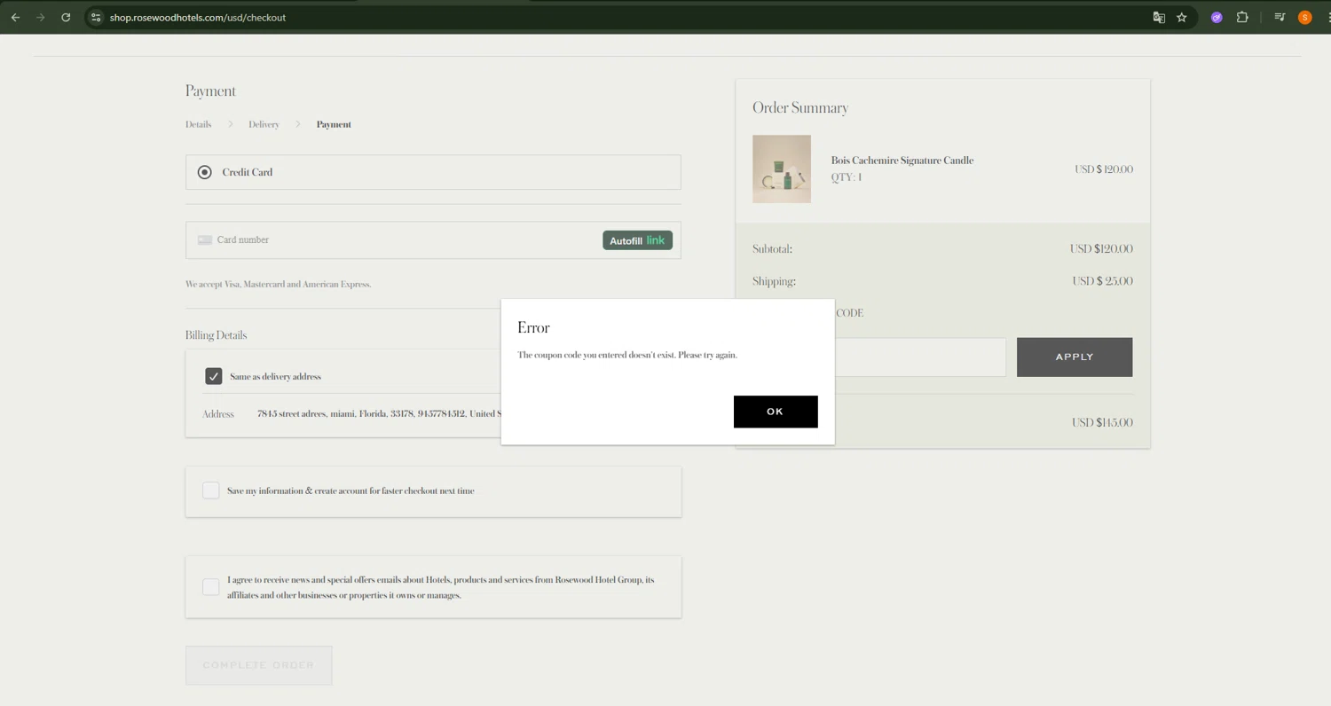 Rosewood Hotels and Resorts promo code screenshot showing code RWRO4 applied at Rosewood Hotels and Resorts checkout page. Uploaded by SimplyCodes community member BonusLion3471 on Dec 30, 2025