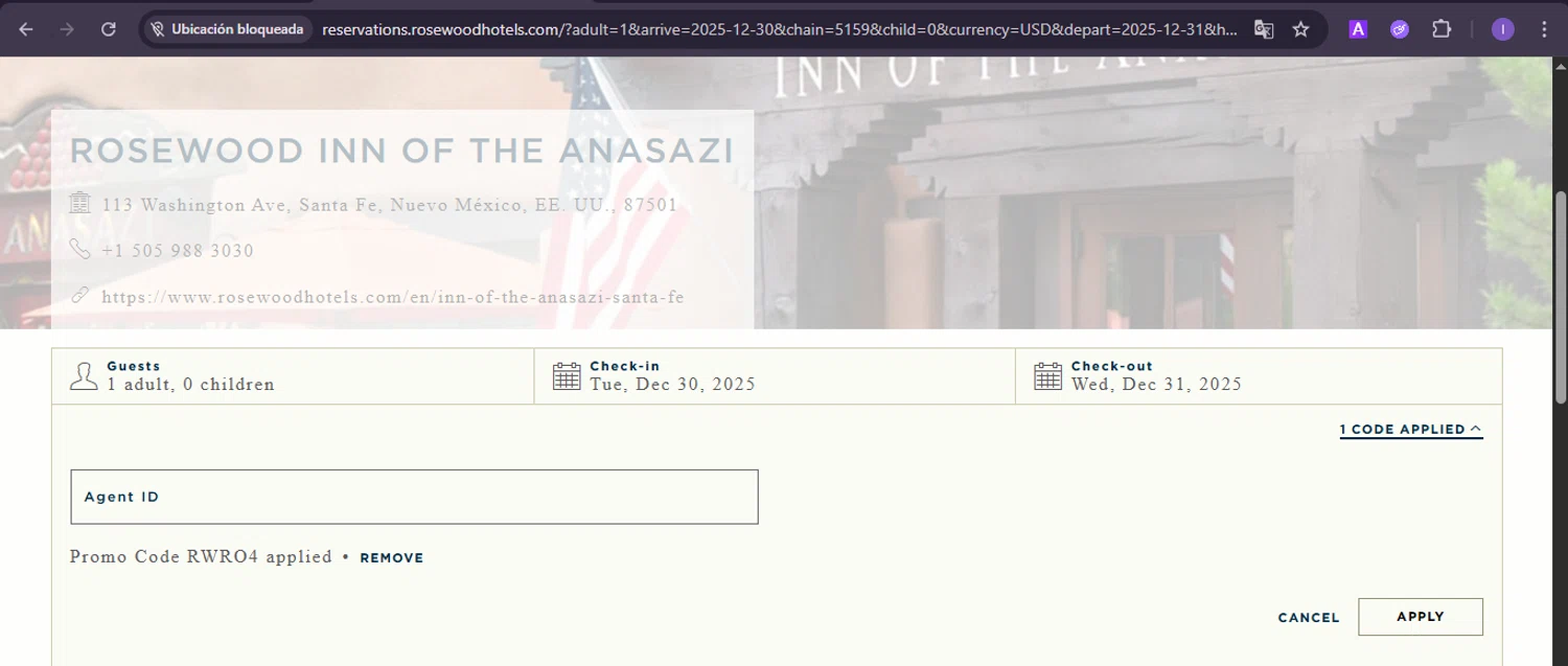Rosewood Hotels and Resorts checkout page showing Rosewood Hotels and Resorts promo code box | Screenshot taken by SimplyCodes community member on Dec 30, 2025