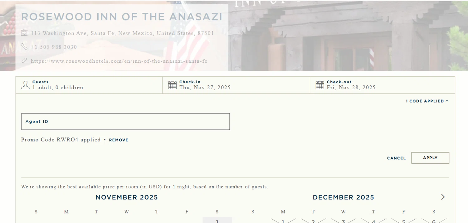 Rosewood Hotels and Resorts checkout page showing Rosewood Hotels and Resorts promo code box | Screenshot taken by SimplyCodes community member on Nov 27, 2025