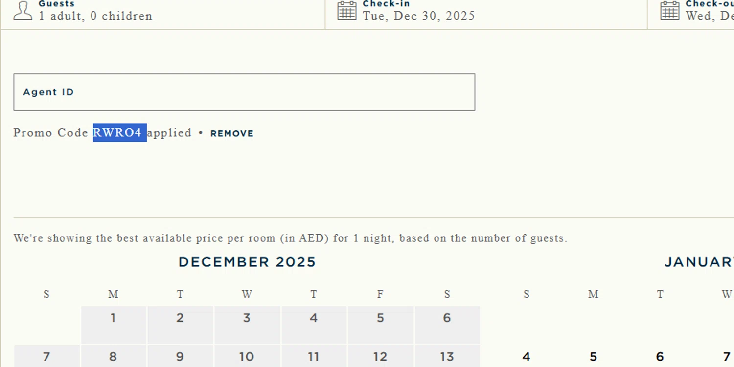 Rosewood Hotels and Resorts promo code screenshot showing code RWRO4 applied at Rosewood Hotels and Resorts checkout page. Uploaded by SimplyCodes community member Dejadepicharme on Dec 30, 2025