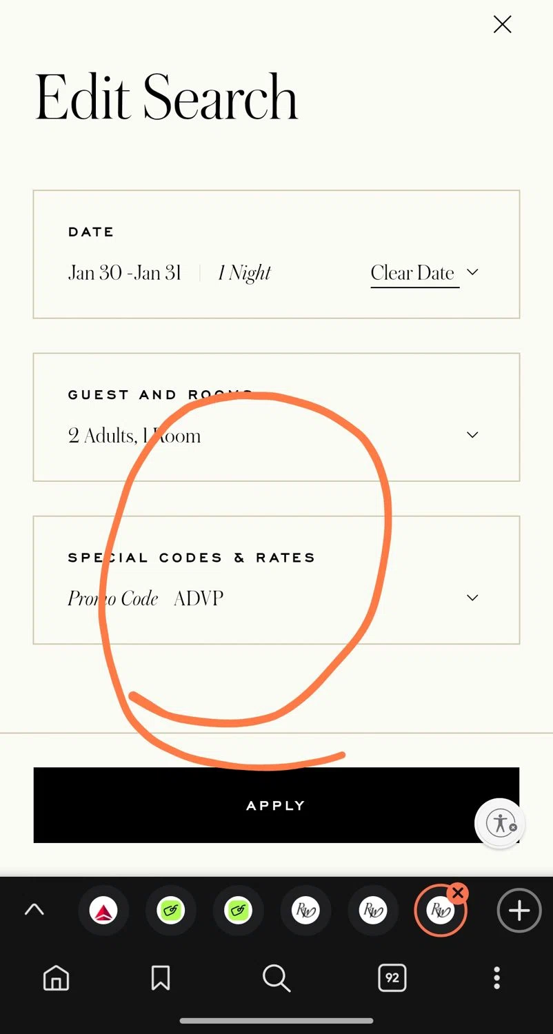 Rosewood Hotels and Resorts promo code screenshot showing code ADVP applied at Rosewood Hotels and Resorts checkout page. Uploaded by SimplyCodes community member Dejadepicharme on Jan 30, 2026