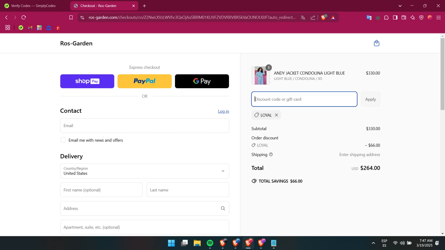 Ro’s Garden promo code screenshot showing code LOYAL applied at Ro’s Garden checkout page. Uploaded by SimplyCodes community member itsmemario on Mar 19, 2025