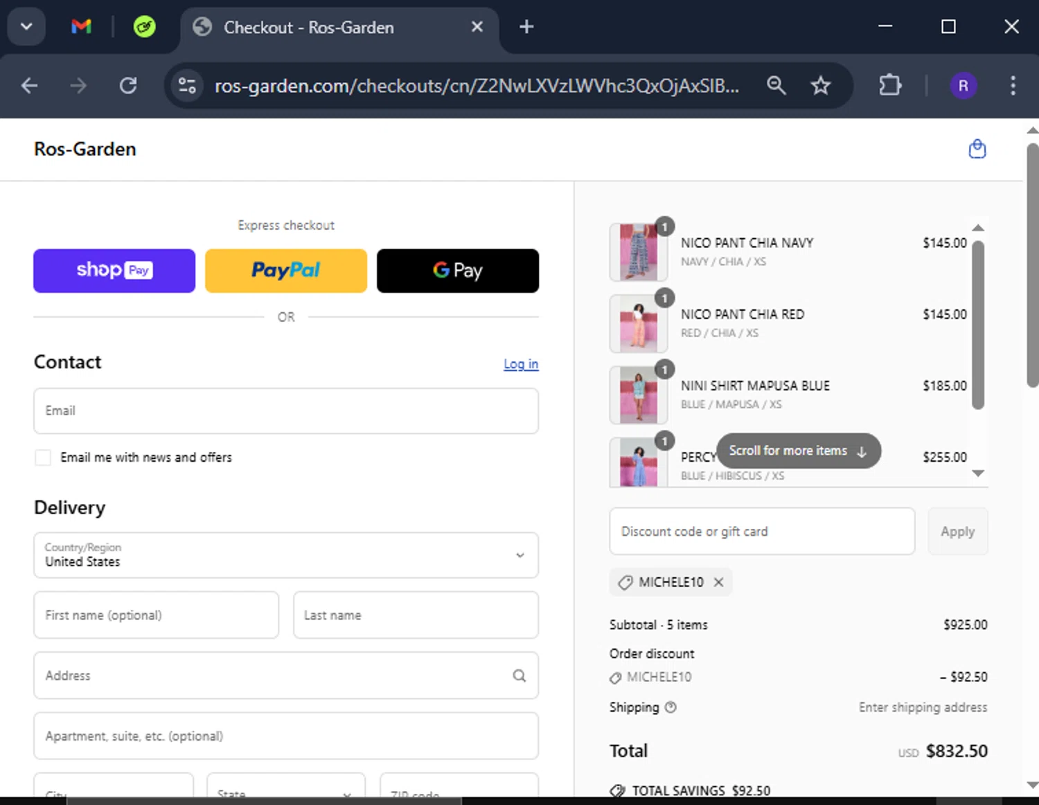 Ro’s Garden promo code screenshot showing code Michele10 applied at Ro’s Garden checkout page. Uploaded by SimplyCodes community member CashCollector4199 on Mar 19, 2025