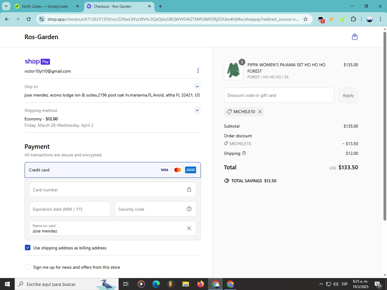Ro’s Garden promo code screenshot showing code Michele10 applied at Ro’s Garden checkout page. Uploaded by SimplyCodes community member Soyvictor on Mar 19, 2025