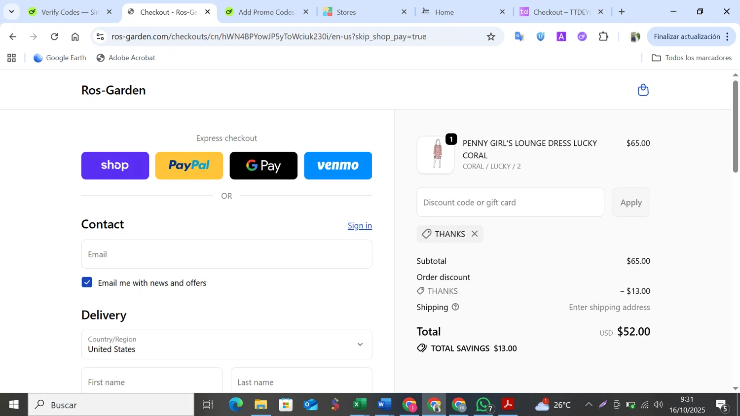 Ro’s Garden promo code screenshot showing code THANKS applied at Ro’s Garden checkout page. Uploaded by SimplyCodes community member NobleMonarch5837 on Oct 16, 2025