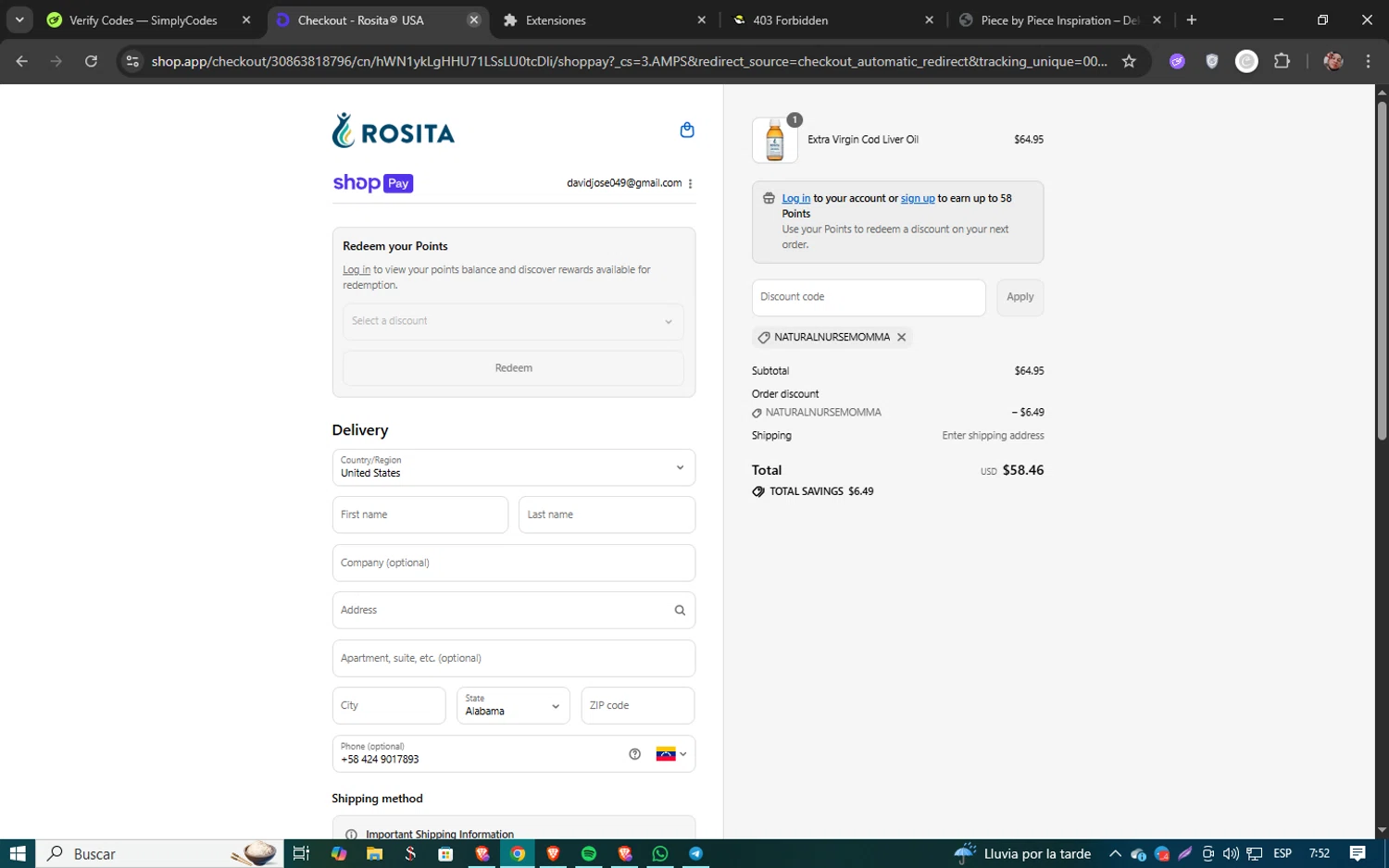 Rosita discount code screenshot showing code NATURALNURSEMOMMA applied at Rosita checkout page. Uploaded by SimplyCodes community member 61451681 on Aug 19, 2025