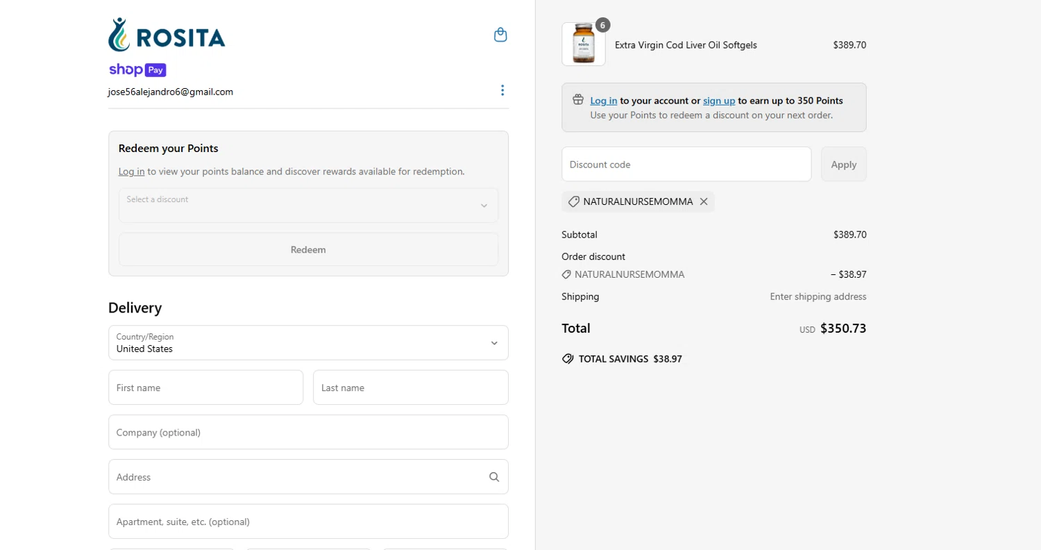 Rosita discount code screenshot showing code NATURALNURSEMOMMA applied at Rosita checkout page. Uploaded by SimplyCodes community member D_9278 on Jun 22, 2025