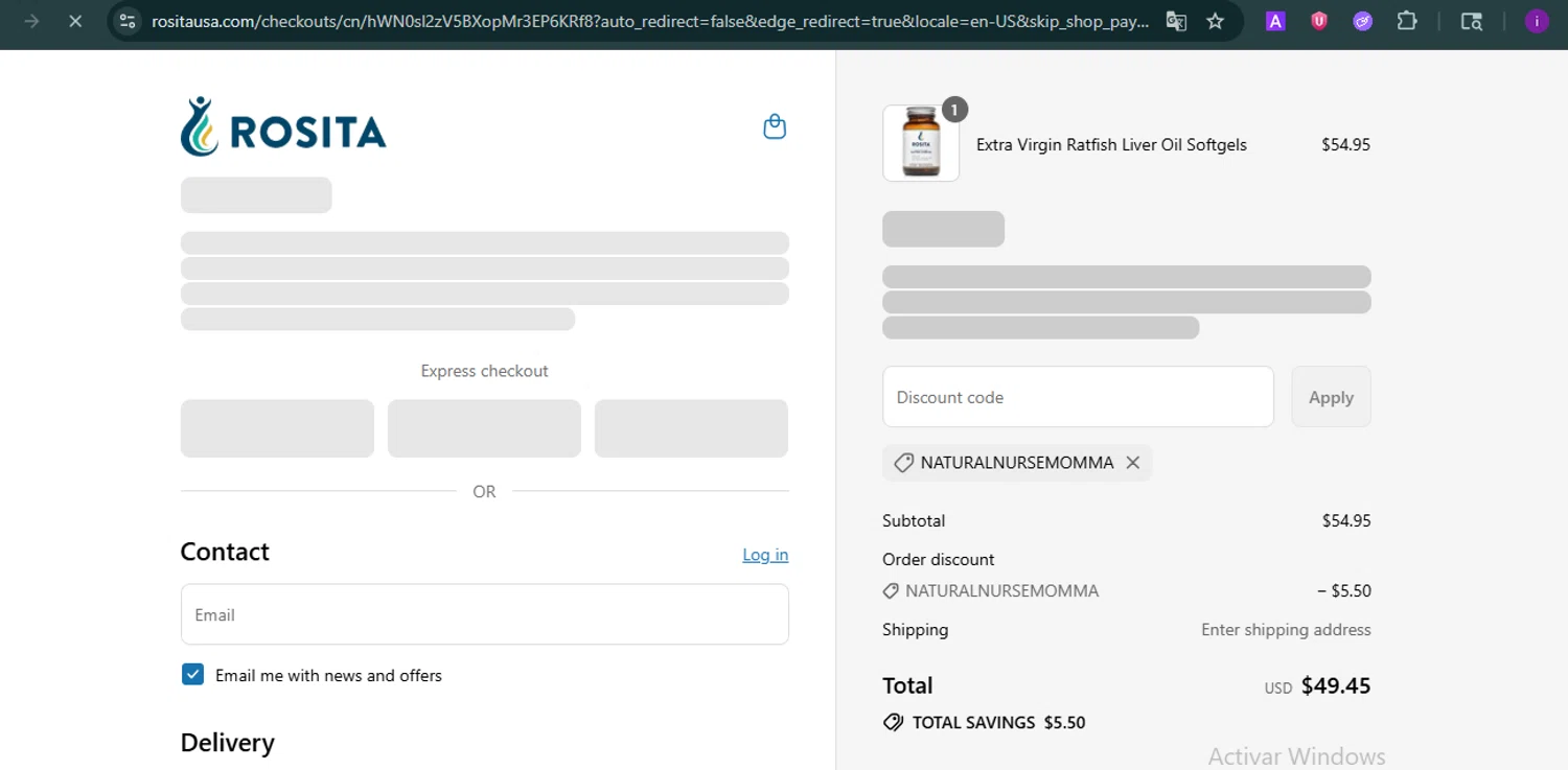 Rosita discount code screenshot showing code NATURALNURSEMOMMA applied at Rosita checkout page. Uploaded by SimplyCodes community member SalePro7215 on Jul 21, 2025