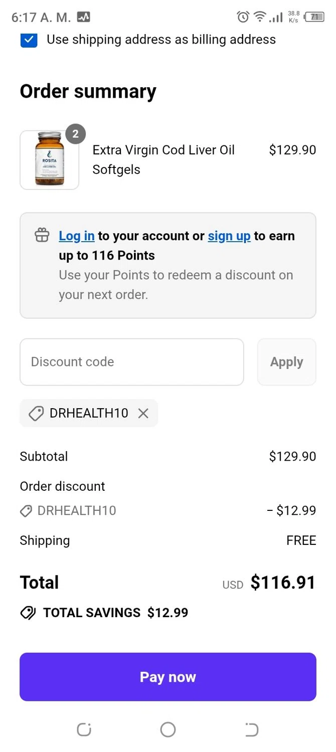 Rosita discount code screenshot showing code DRHEALTH10 applied at Rosita checkout page. Uploaded by SimplyCodes community member CoinBoss7109 on Sep 17, 2025
