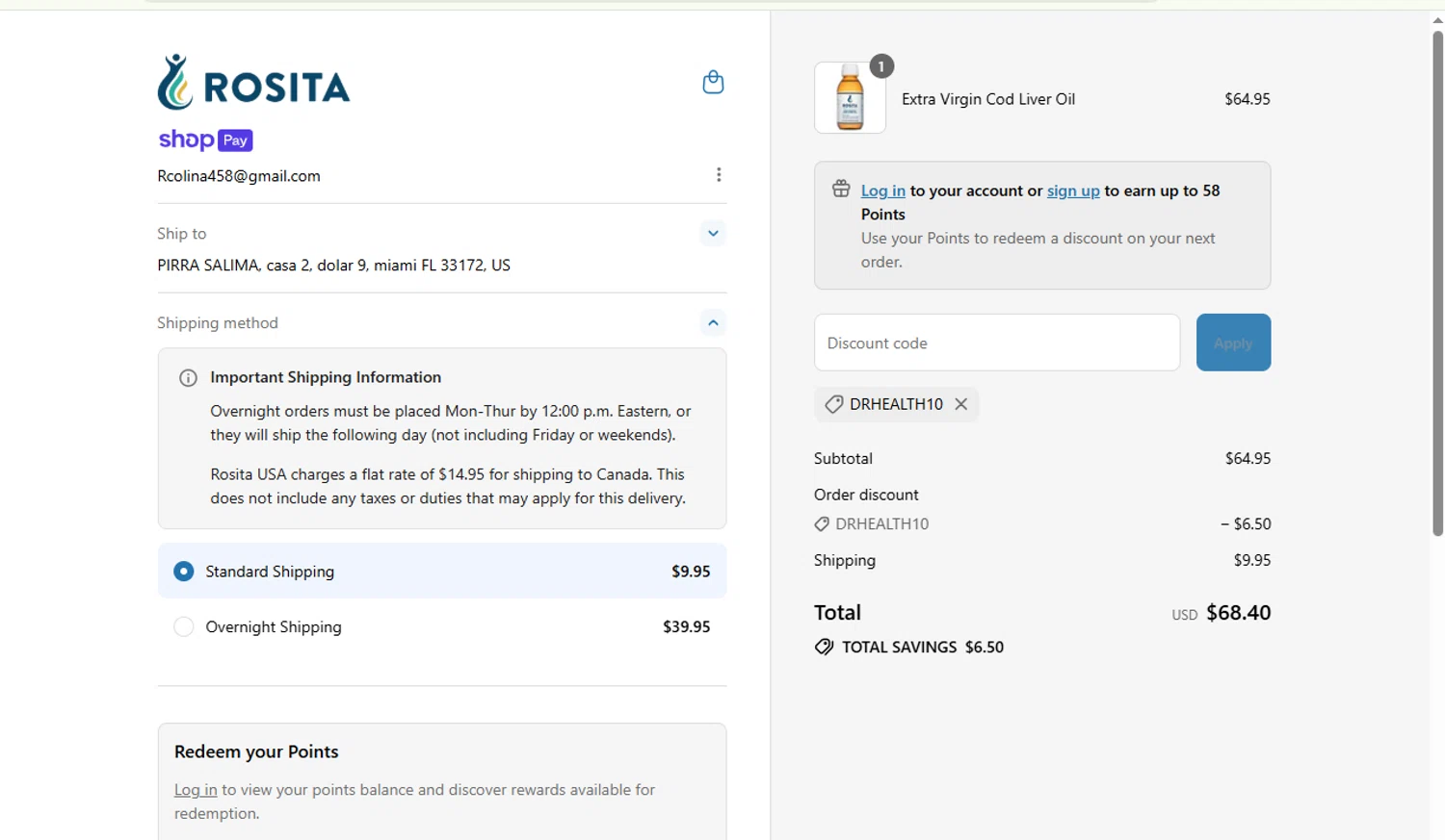 Rosita discount code screenshot showing code DRHEALTH10 applied at Rosita checkout page. Uploaded by SimplyCodes community member Fish3r on Jul 21, 2025