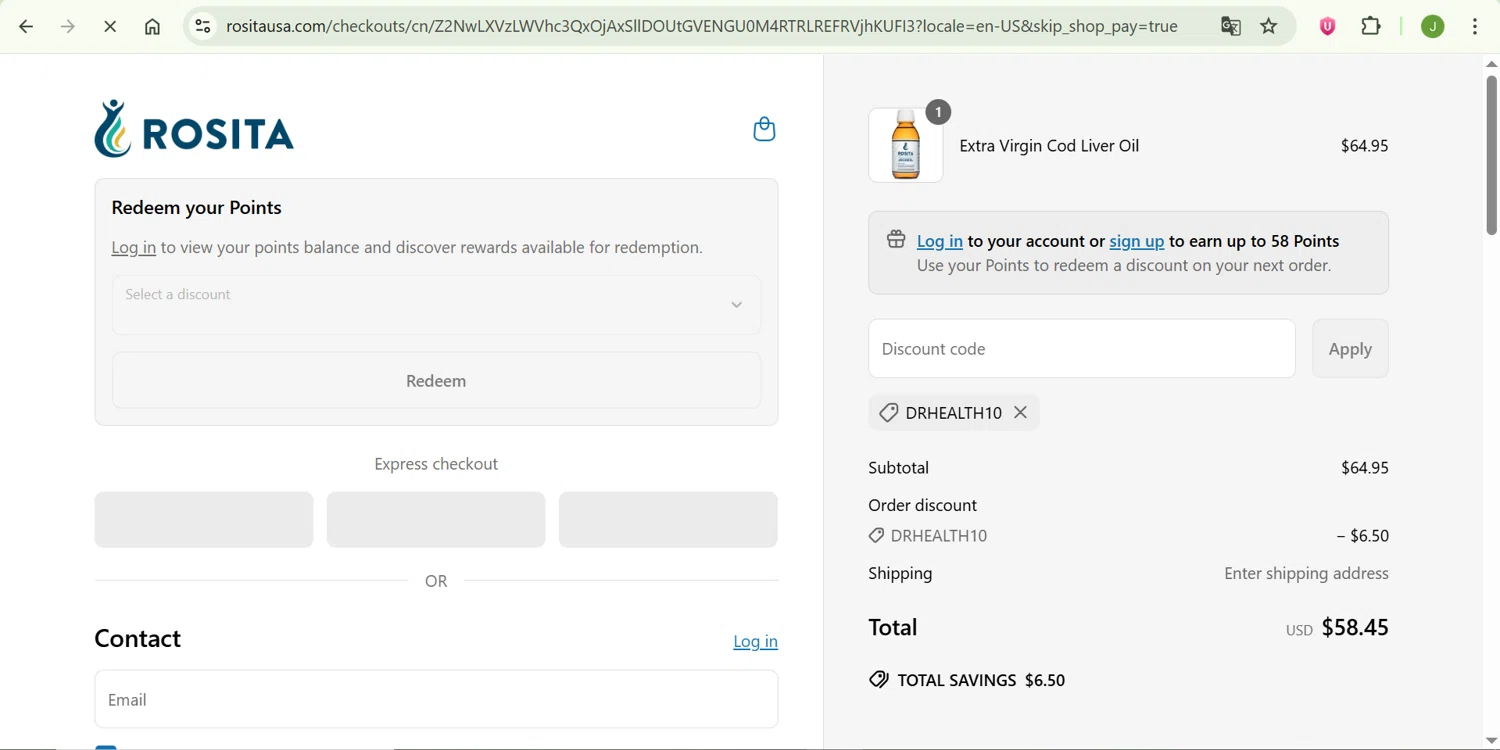 Rosita discount code screenshot showing code DRHEALTH10 applied at Rosita checkout page. Uploaded by SimplyCodes community member ShrewdChaser7973 on Jun 22, 2025