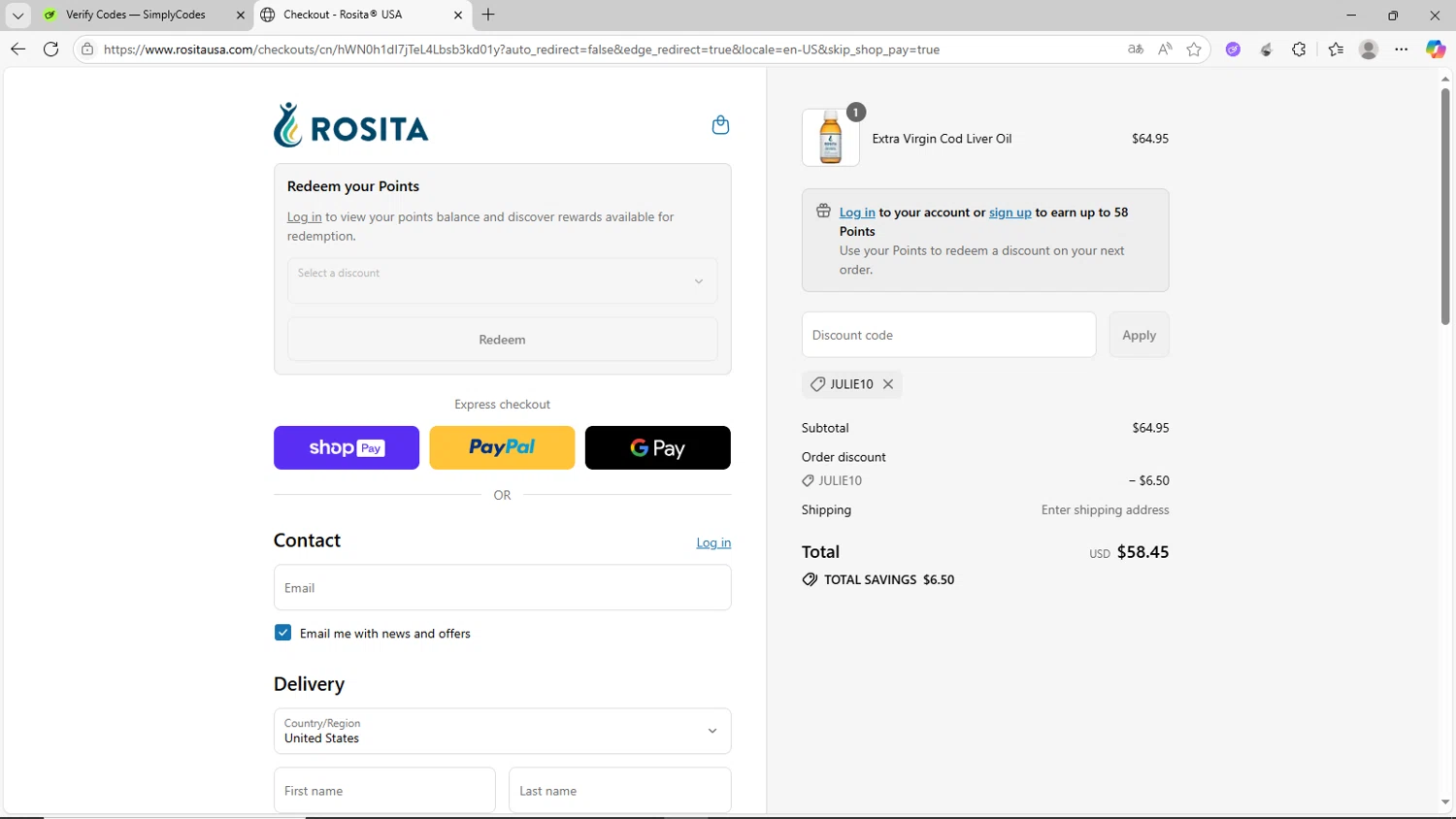 Rosita discount code screenshot showing code JULIE10 applied at Rosita checkout page. Uploaded by SimplyCodes community member CrownShopper2899 on Jul 16, 2025