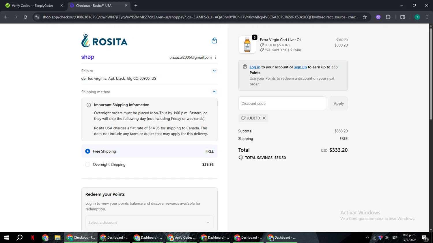 Rosita checkout page showing Rosita discount code box | Screenshot taken by SimplyCodes community member on Jan 17, 2026