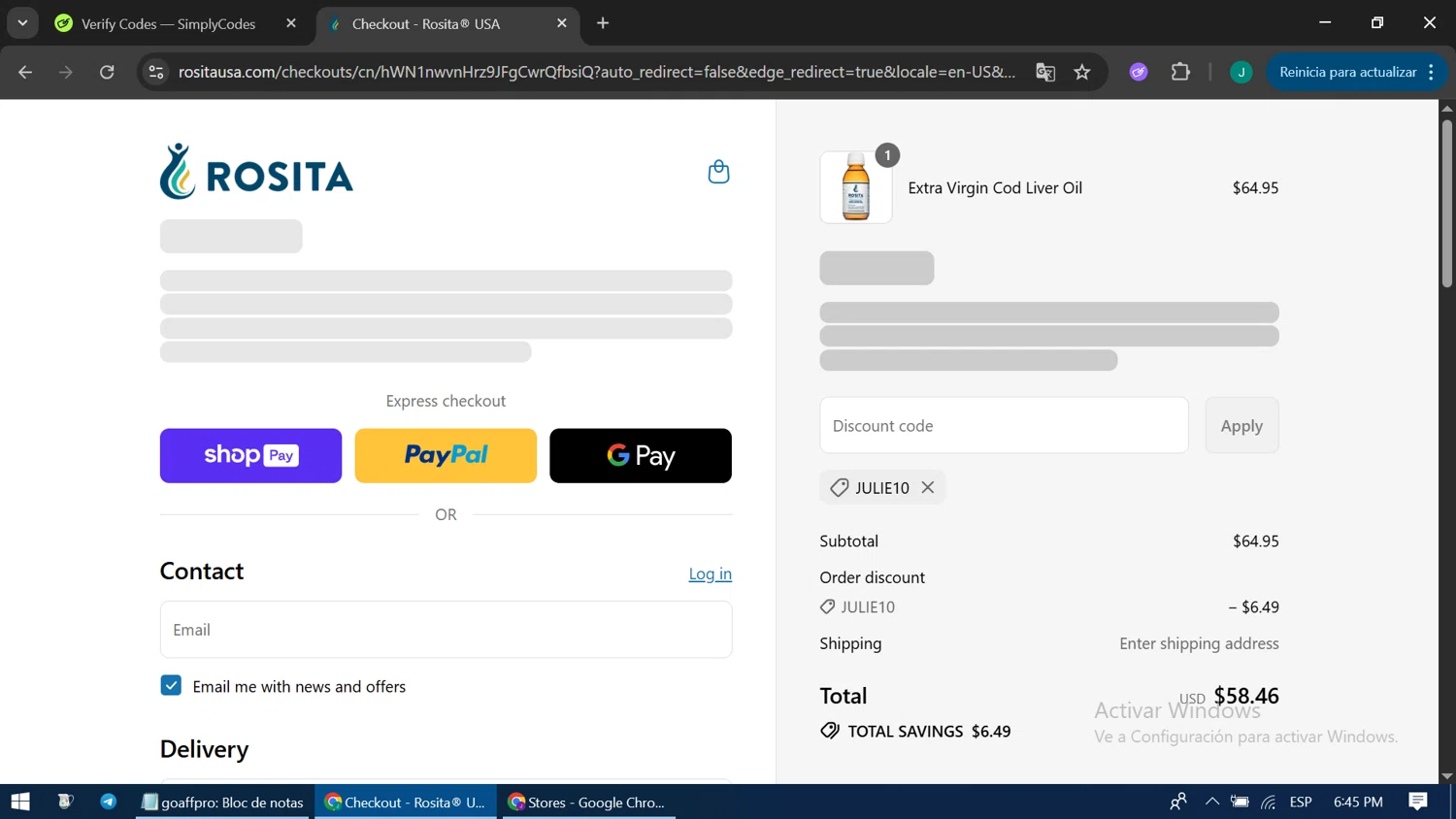 Rosita discount code screenshot showing code JULIE10 applied at Rosita checkout page. Uploaded by SimplyCodes community member LuckyPioneer1051 on Aug 14, 2025