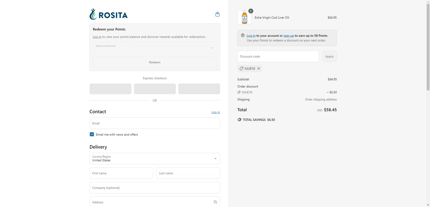 Rosita discount code screenshot showing code JULIE10 applied at Rosita checkout page. Uploaded by SimplyCodes community member ValiantAce1810 on Jun 14, 2025