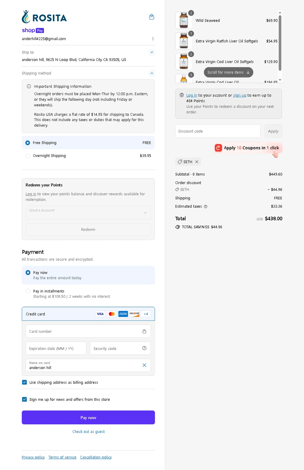 Rosita discount code screenshot showing code SETH applied at Rosita checkout page. Uploaded by SimplyCodes community member Elcompa on Jul 11, 2025