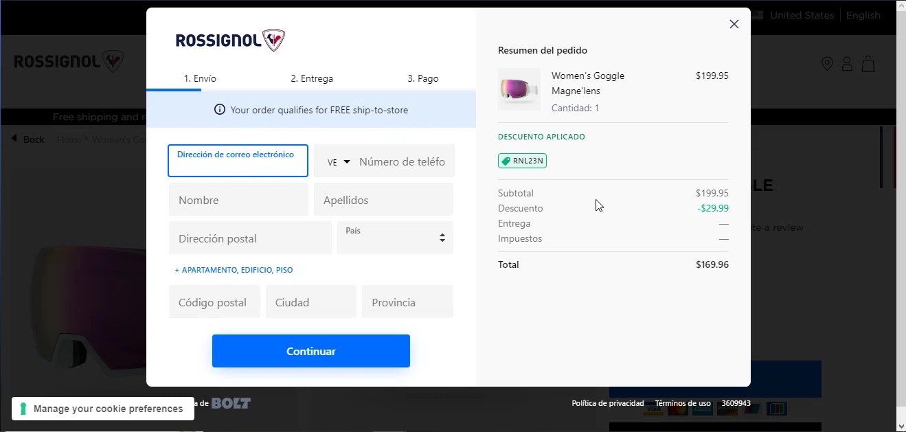 Rossignol US checkout page showing Rossignol US promo code box | Screenshot taken by SimplyCodes community member on Jun 15, 2023