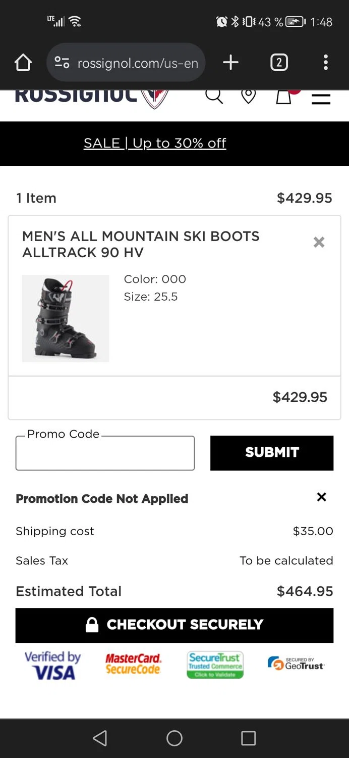 Rossignol US checkout page showing Rossignol US promo code box | Screenshot taken by SimplyCodes community member on Feb 5, 2024
