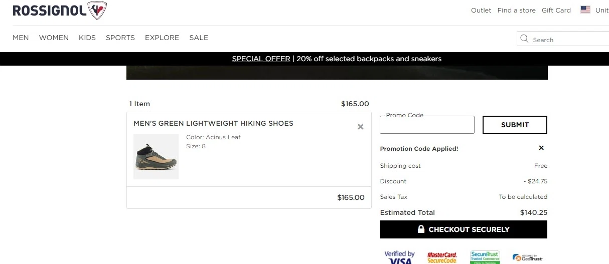 Rossignol US checkout page showing Rossignol US promo code box | Screenshot taken by SimplyCodes community member on Aug 12, 2023