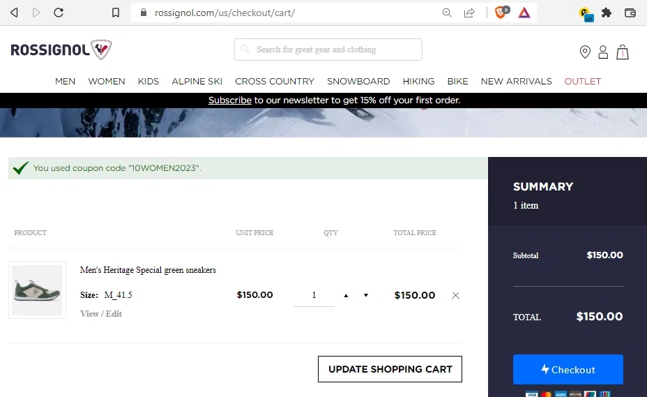 Rossignol US checkout page showing Rossignol US promo code box | Screenshot taken by SimplyCodes community member on Jun 3, 2023