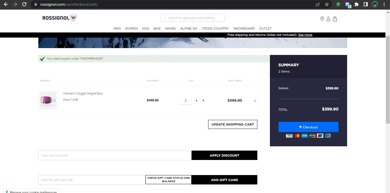 Rossignol US checkout page showing Rossignol US promo code box | Screenshot taken by SimplyCodes community member on Jul 2, 2023