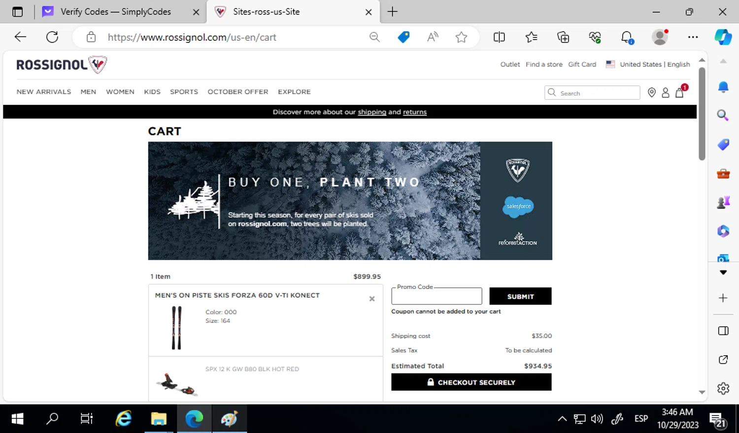 Rossignol US checkout page showing Rossignol US promo code box | Screenshot taken by SimplyCodes community member on Oct 29, 2023