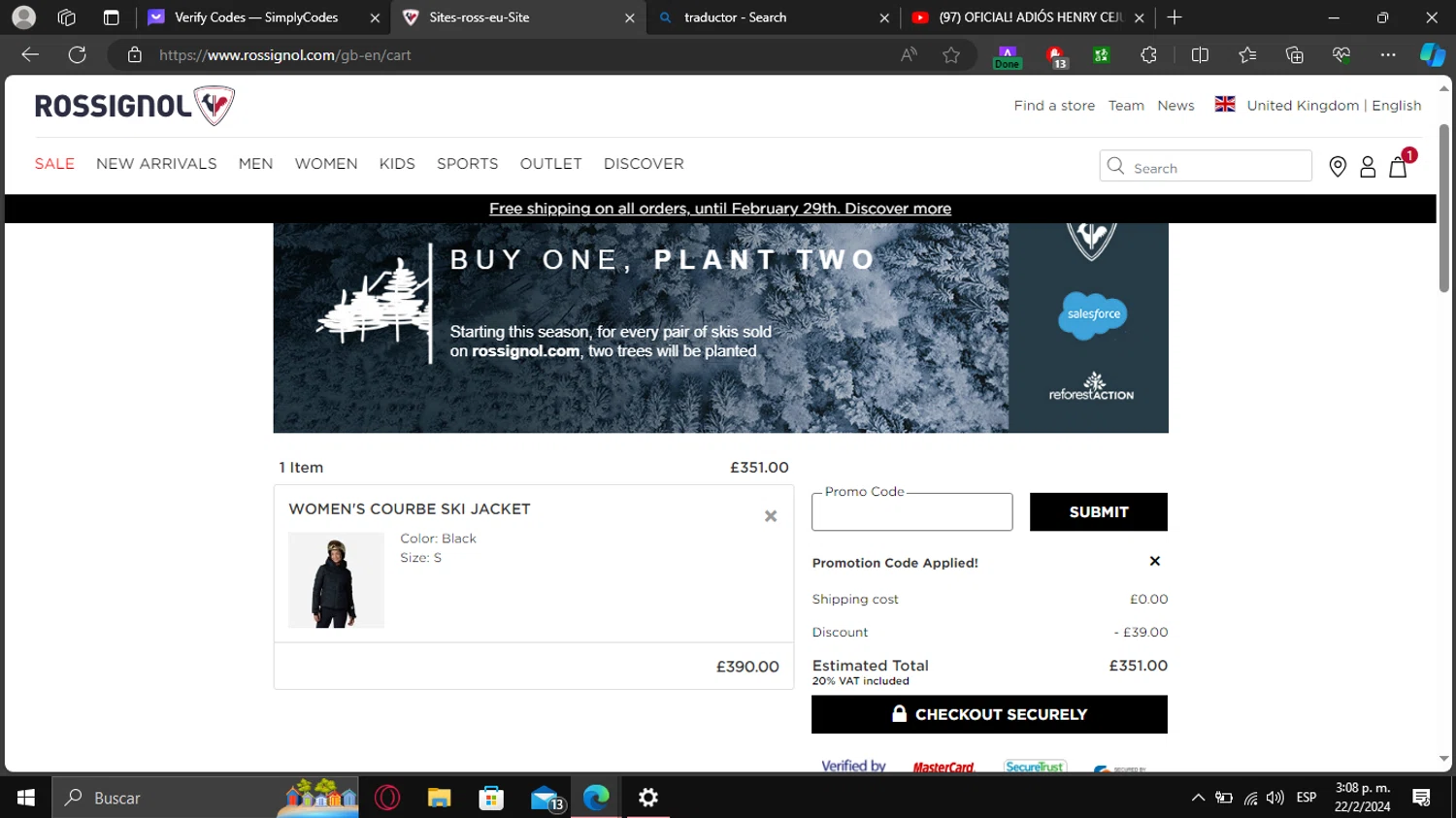 Rossignol US checkout page showing Rossignol US promo code box | Screenshot taken by SimplyCodes community member on Feb 22, 2024