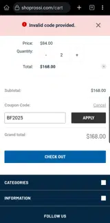 Rossi USA coupon verification screenshot