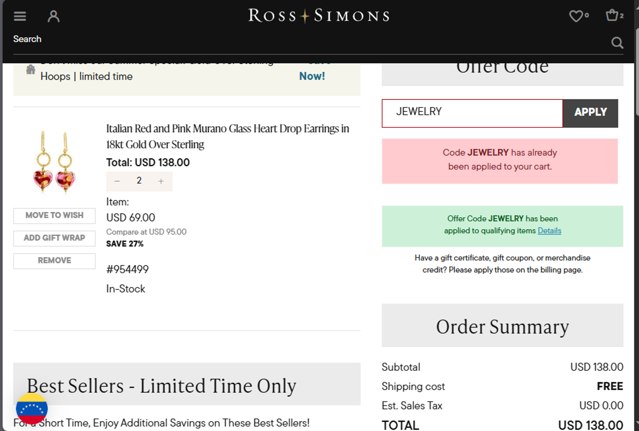 Ross-Simons Jewelry checkout page showing Ross-Simons Jewelry promo code box | Screenshot taken by SimplyCodes community member on Aug 17, 2025