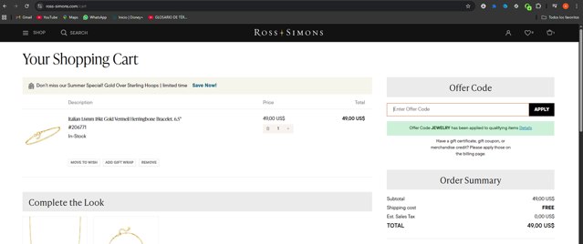 Ross-Simons Jewelry checkout page showing Ross-Simons Jewelry promo code box | Screenshot taken by SimplyCodes community member on Aug 14, 2025