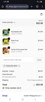 THAOLEPLANTS coupon verification screenshot