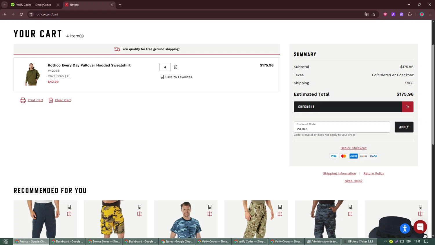 ROTHCO promo code screenshot showing code WORK applied at ROTHCO checkout page. Uploaded by SimplyCodes community member David_Garcia on Sep 11, 2025