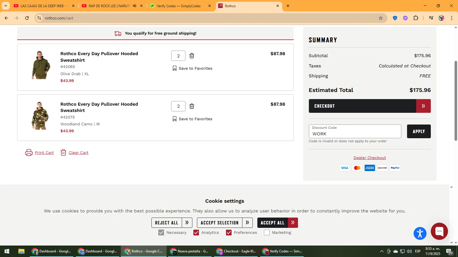 ROTHCO promo code screenshot showing code WORK applied at ROTHCO checkout page. Uploaded by SimplyCodes community member Vanmanuel on Sep 11, 2025