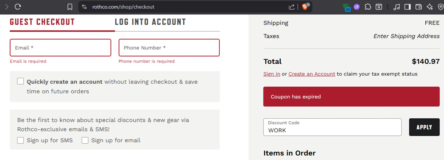 ROTHCO promo code screenshot showing code WORK applied at ROTHCO checkout page. Uploaded by SimplyCodes community member leiraM on Sep 11, 2025