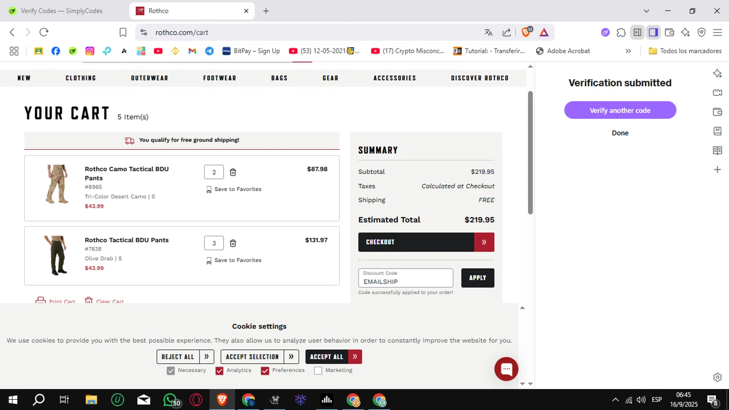 ROTHCO promo code screenshot showing code EMAILSHIP applied at ROTHCO checkout page. Uploaded by SimplyCodes community member Sungjinwoo on Sep 16, 2025