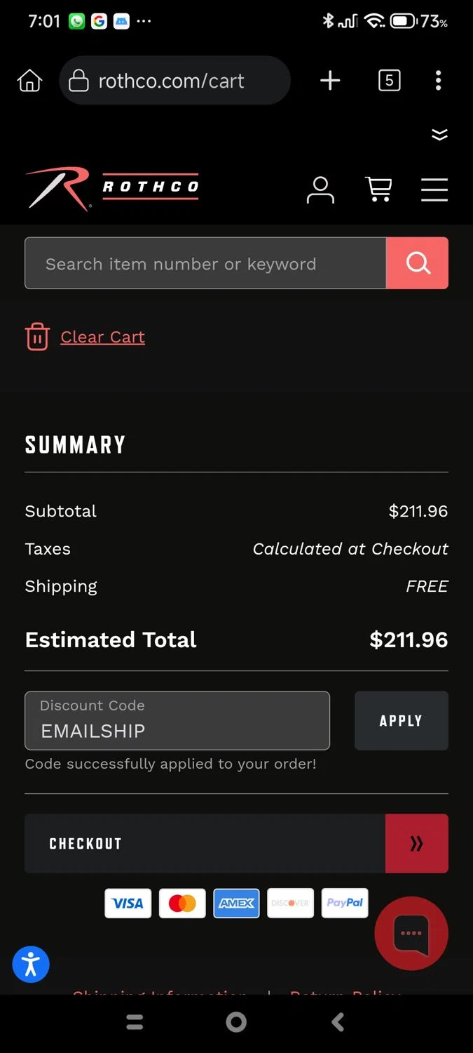 ROTHCO promo code screenshot showing code EMAILSHIP applied at ROTHCO checkout page. Uploaded by SimplyCodes community member cuenta03 on Oct 15, 2025