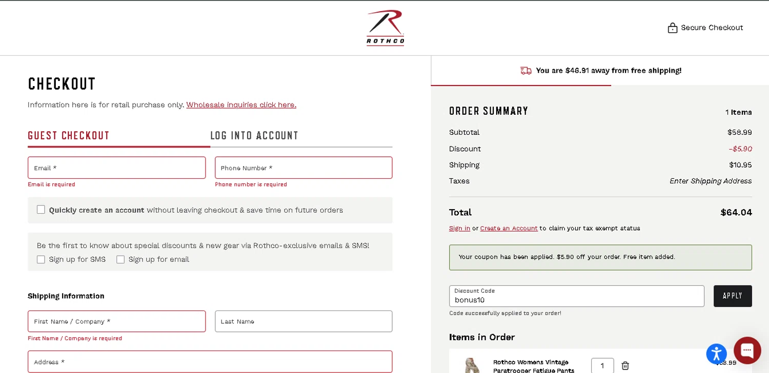 ROTHCO checkout page showing ROTHCO promo code box | Screenshot taken by SimplyCodes community member on Nov 30, 2025
