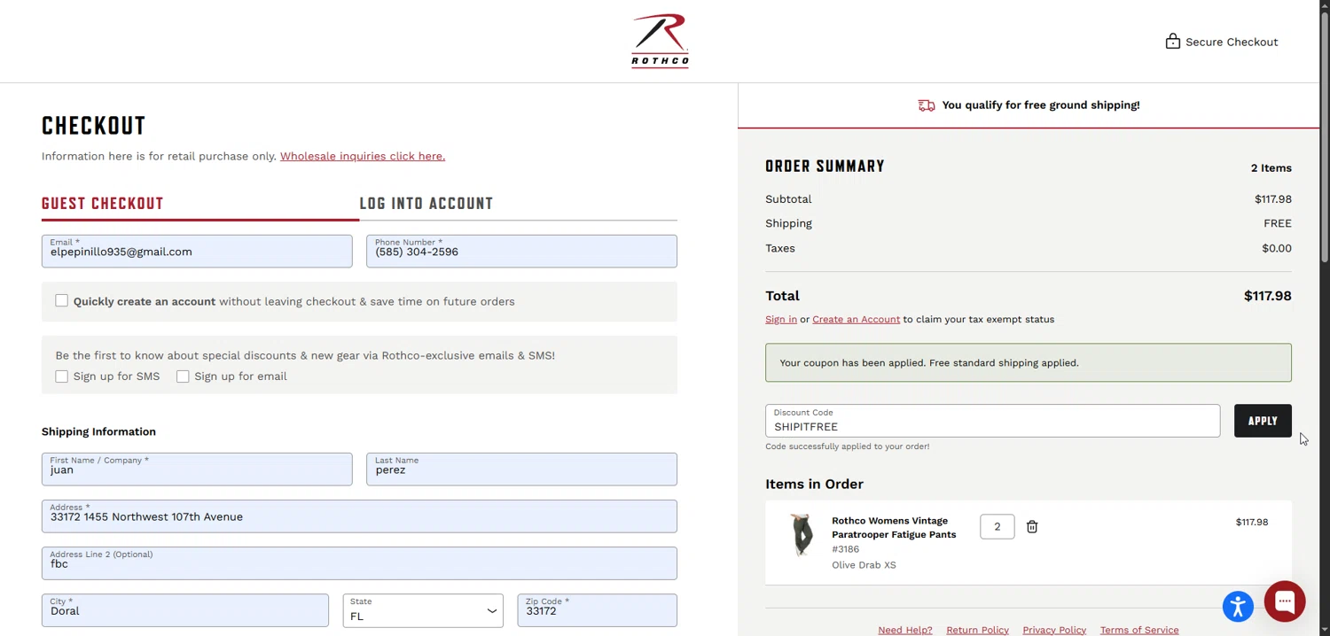 ROTHCO promo code screenshot showing code SHIPITFREE applied at ROTHCO checkout page. Uploaded by SimplyCodes community member Enmanuel99 on Nov 29, 2025