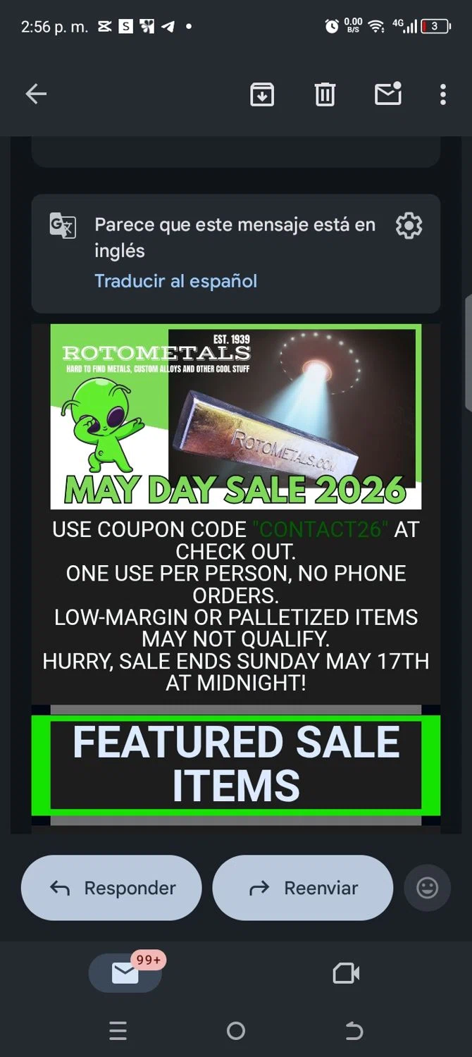 Roto Metals promo code screenshot showing code CONTACT26 applied at Roto Metals checkout page. Uploaded by SimplyCodes community member kellymoreno on May 16, 2026