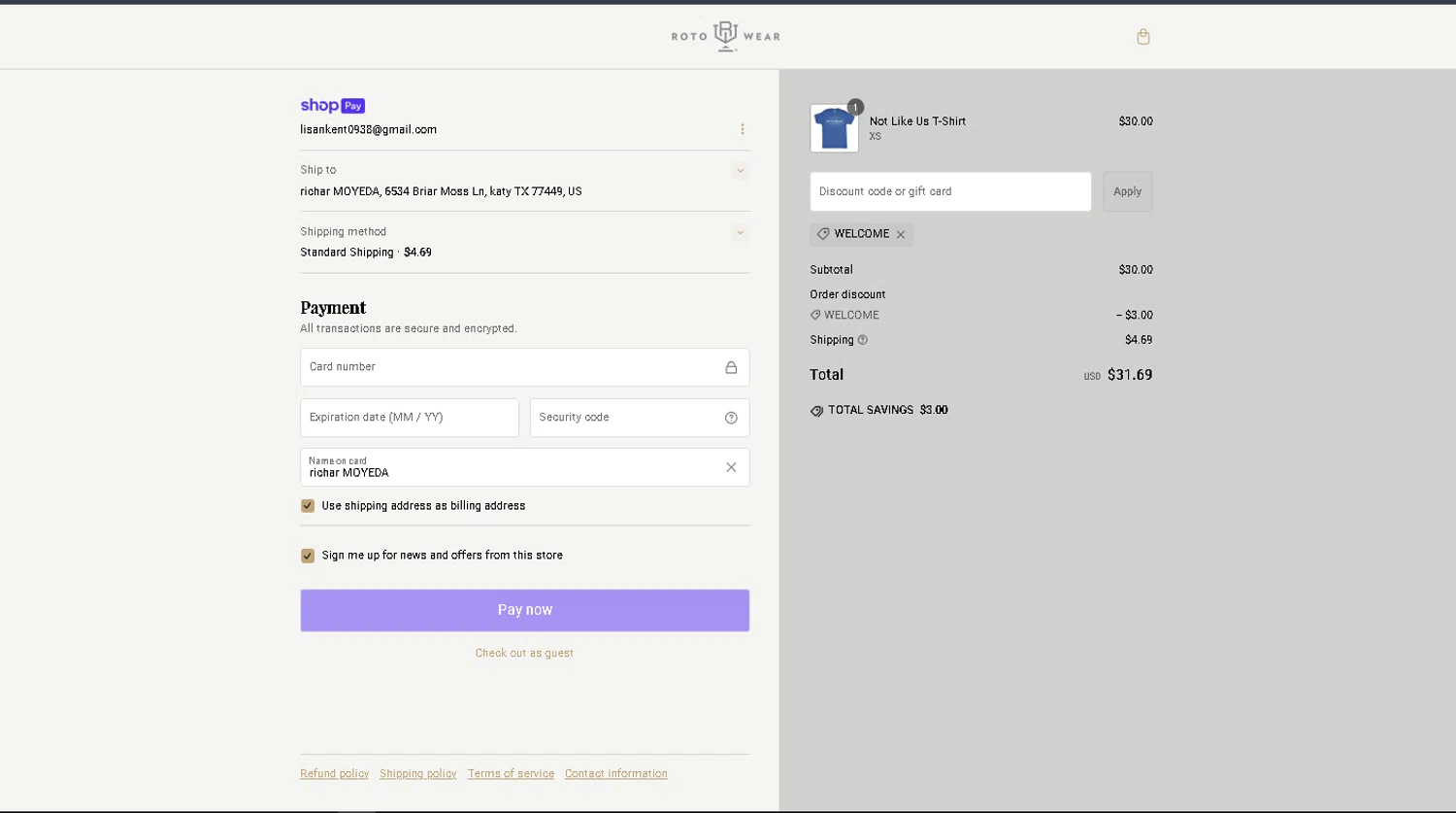 Roto Wear promo code screenshot showing code welcome applied at Roto Wear checkout page. Uploaded by SimplyCodes community member VEROSS on Feb 9, 2025