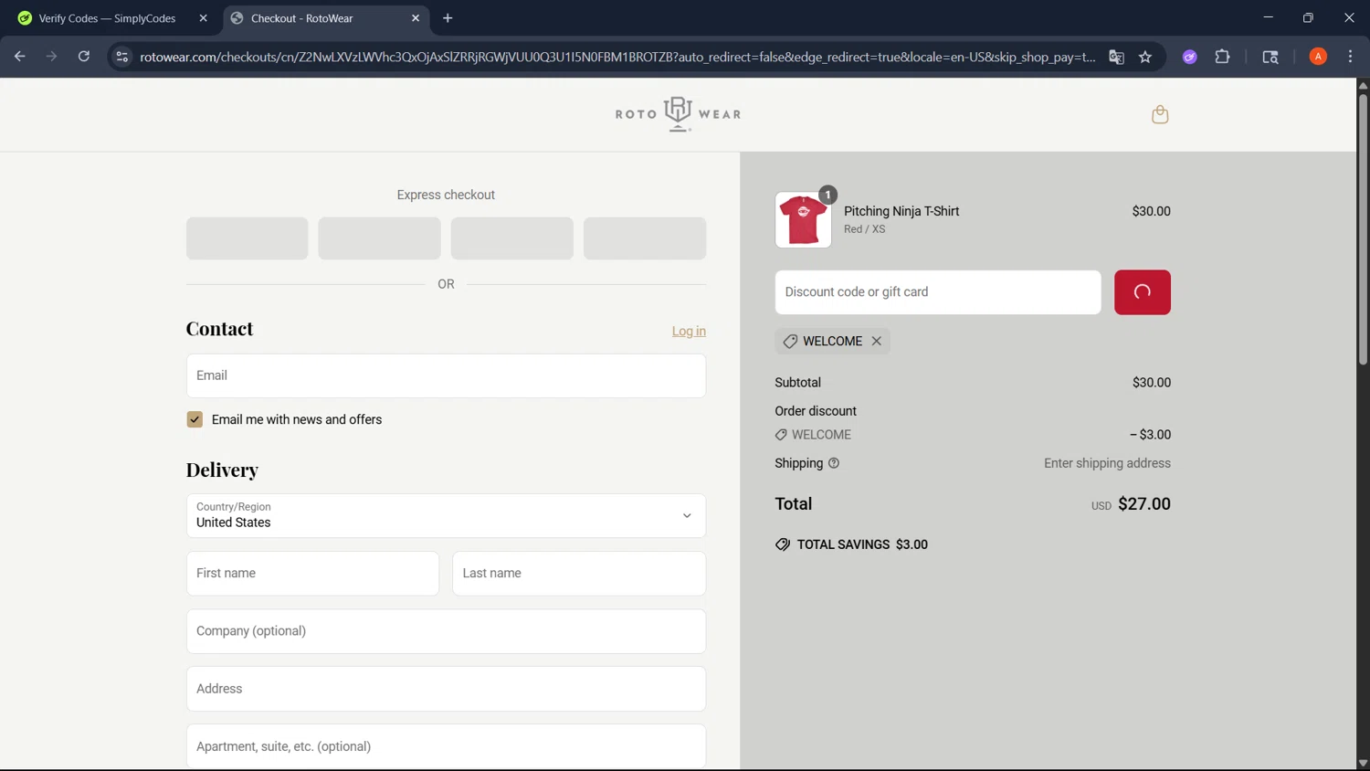 Roto Wear promo code screenshot showing code welcome applied at Roto Wear checkout page. Uploaded by SimplyCodes community member GoldChaser2970 on May 20, 2025