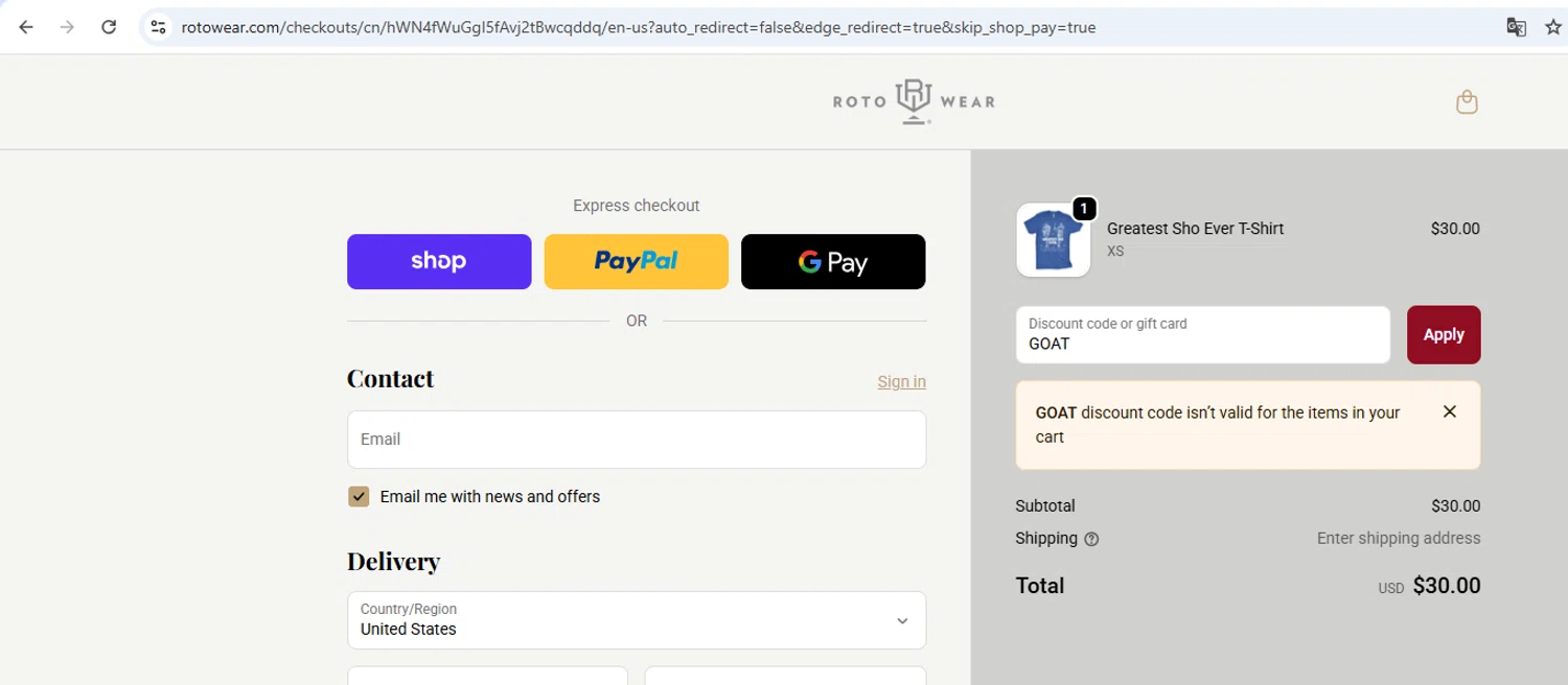 Roto Wear promo code screenshot showing code GOAT applied at Roto Wear checkout page. Uploaded by SimplyCodes community member BrilliantChaser2585 on Oct 29, 2025