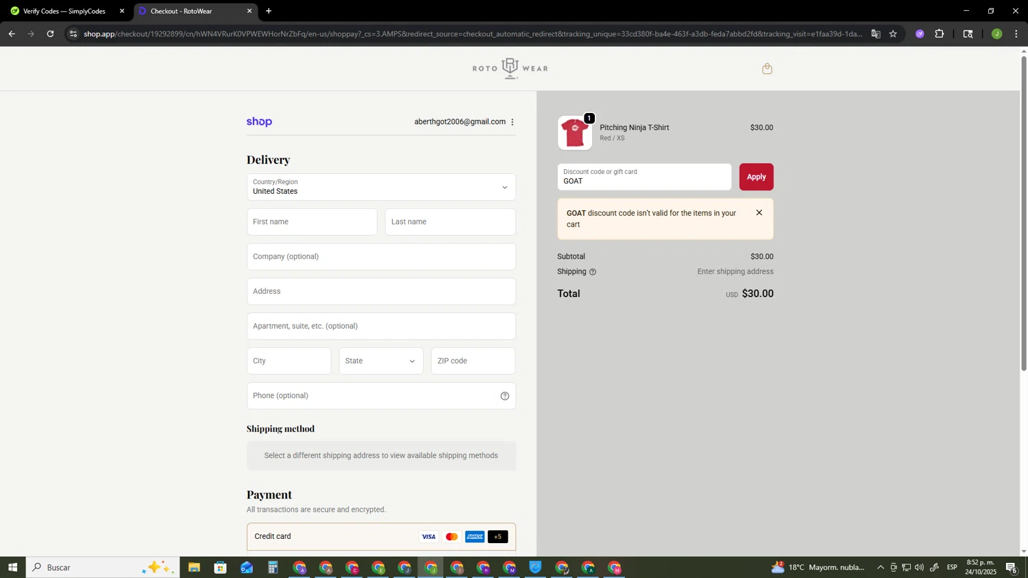 Roto Wear promo code screenshot showing code GOAT applied at Roto Wear checkout page. Uploaded by SimplyCodes community member SAIKOO on Oct 25, 2025