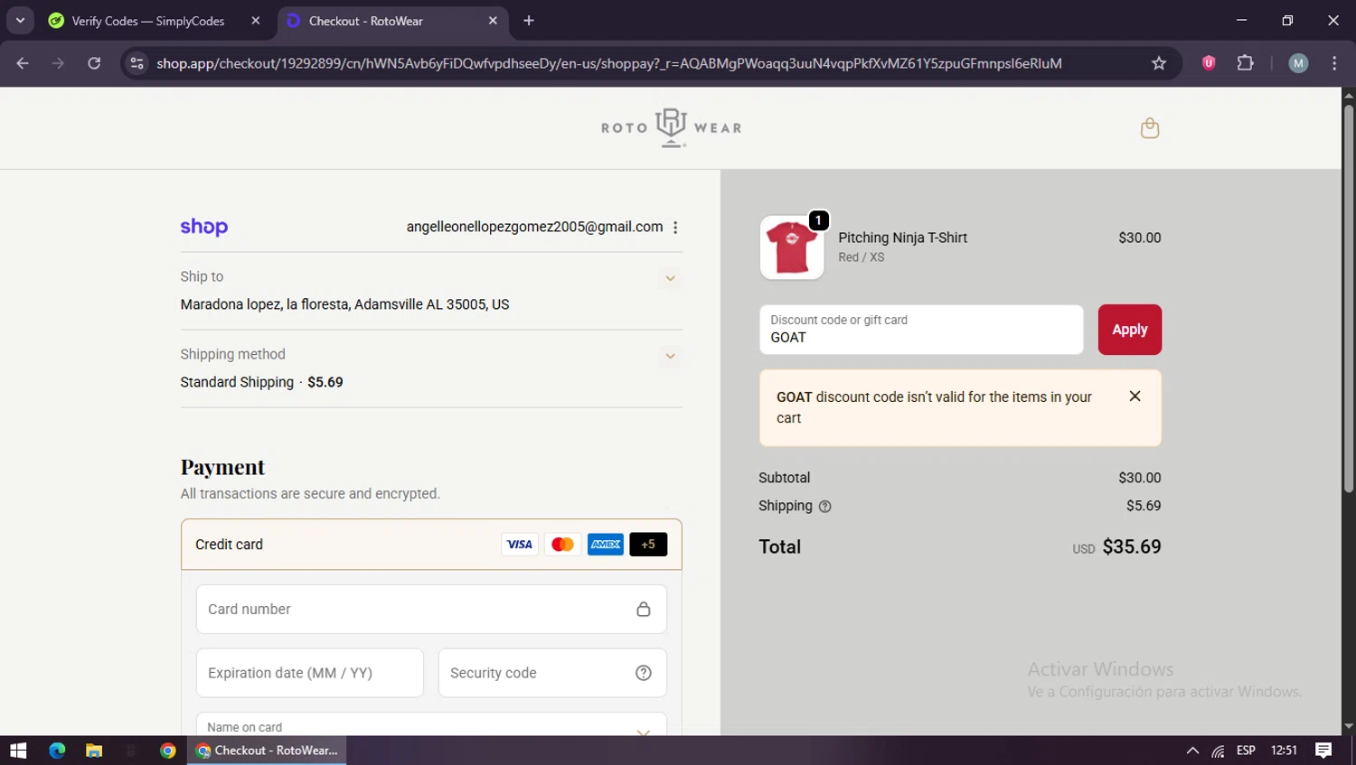 Roto Wear promo code screenshot showing code GOAT applied at Roto Wear checkout page. Uploaded by SimplyCodes community member maraxo on Nov 11, 2025