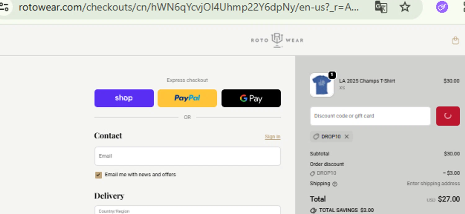 Roto Wear promo code screenshot showing code DROP10 applied at Roto Wear checkout page. Uploaded by SimplyCodes community member CashMaestro9337 on Dec 25, 2025