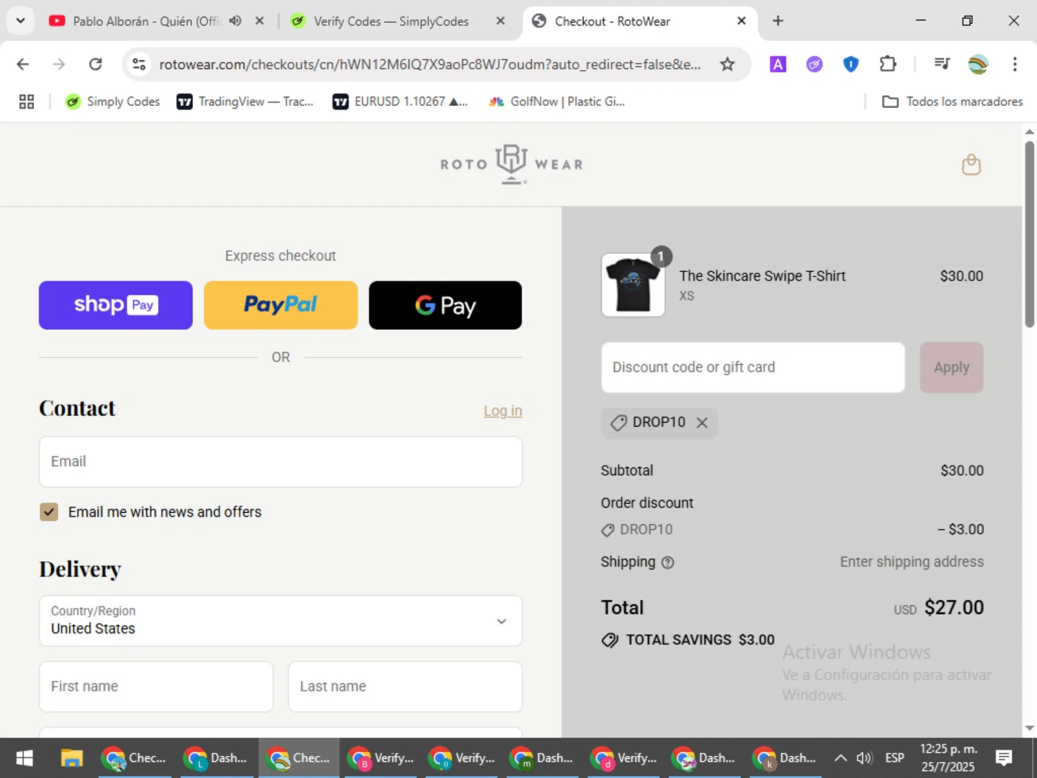 Roto Wear promo code screenshot showing code DROP10 applied at Roto Wear checkout page. Uploaded by SimplyCodes community member CoinMaven5220 on Jul 25, 2025