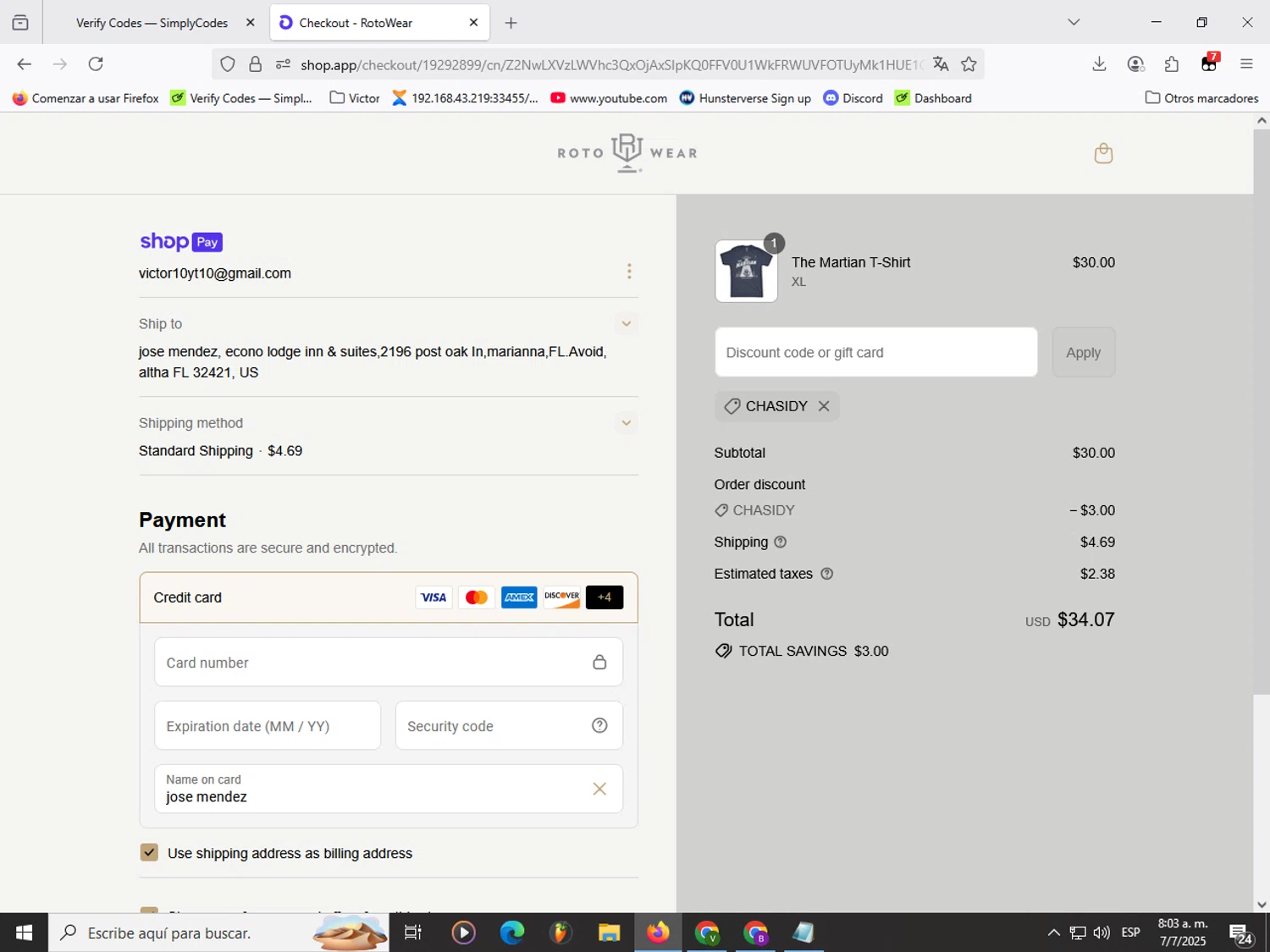 Roto Wear promo code screenshot showing code CHASIDY applied at Roto Wear checkout page. Uploaded by SimplyCodes community member Garou_Y2K on Jul 7, 2025