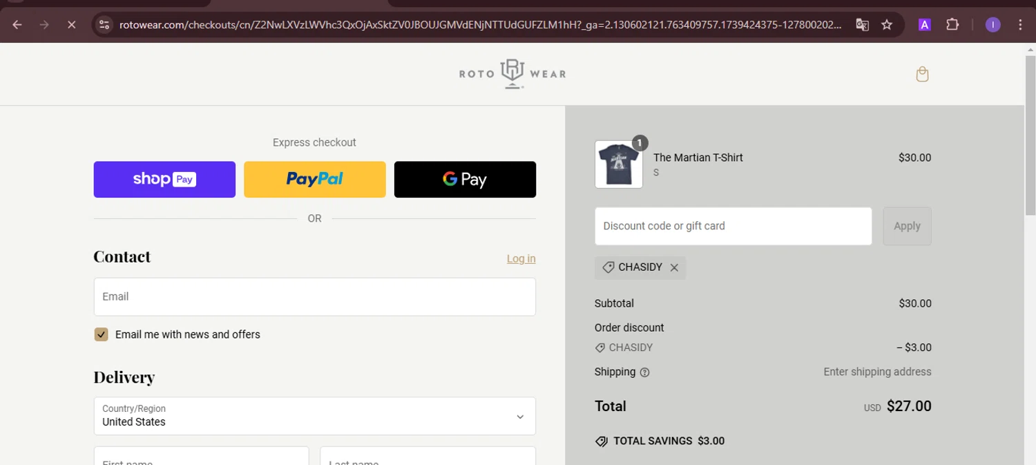 Roto Wear promo code screenshot showing code CHASIDY applied at Roto Wear checkout page. Uploaded by SimplyCodes community member joineds on Feb 13, 2025