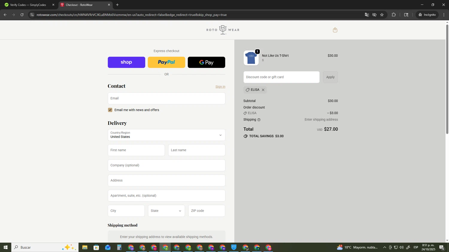 Roto Wear promo code screenshot showing code ELISA applied at Roto Wear checkout page. Uploaded by SimplyCodes community member SUZUKIV on Oct 25, 2025